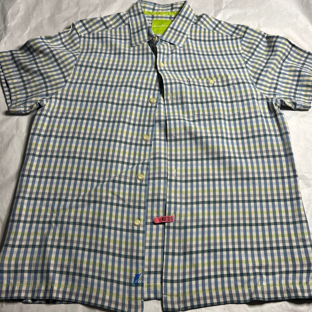 Tommy Bahama Mens Medium Silk Blue Plaid Check Short Sleeve Button‎ Up Shirt